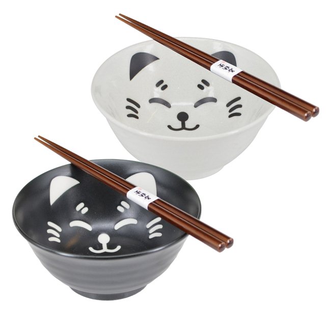 日系微笑猫咪碗筷禮盒組-黑白色 (二碗二筷)(圖)